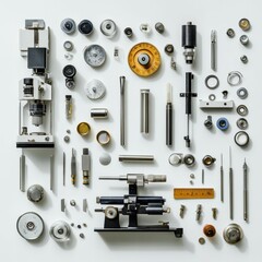 Disassembled precision instruments, arranged neatly.