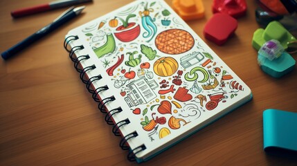 A photo of a fitness-themed notebook with doodles.