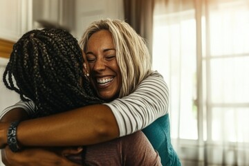 Fototapeta premium Happy reunion: caucasian female and african female embracing with joy