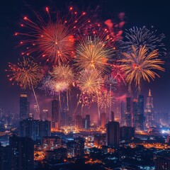 Dynamic fireworks display over city with vibrant colors and textures