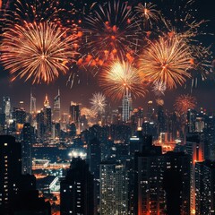 Fototapeta premium Dynamic fireworks display over city with vibrant colors and textures
