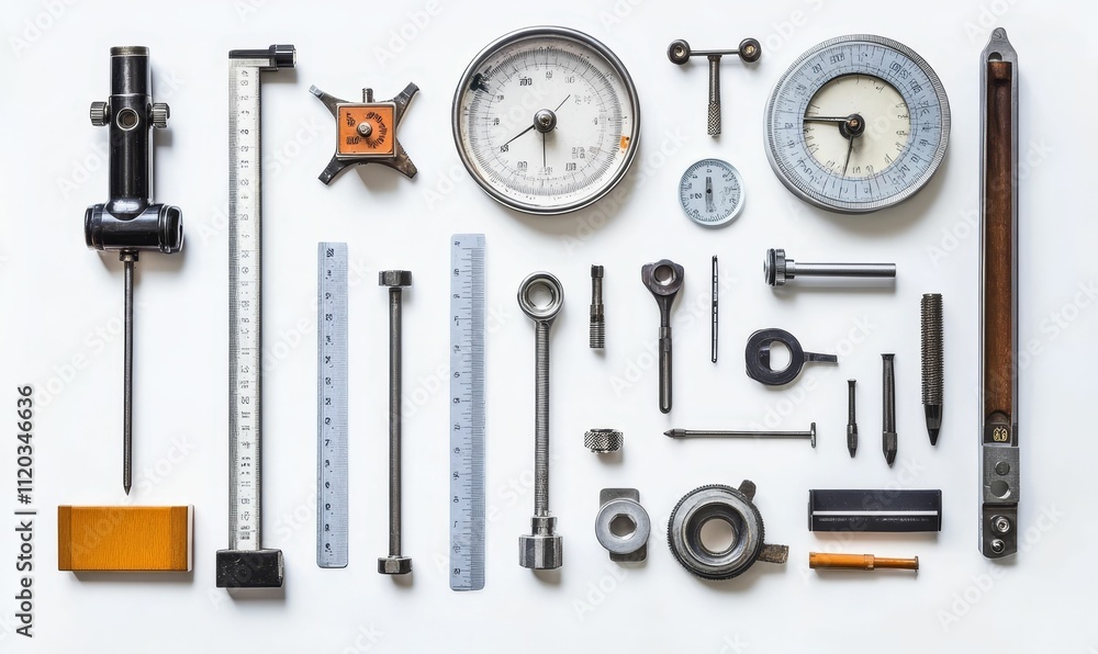 Poster precision instruments arranged symmetrically on white.