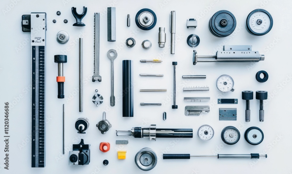 Poster precision instruments arranged on a white background.