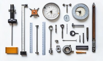 Obraz premium Precision instruments arranged symmetrically on white.