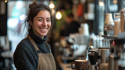 Amidst the inviting ambiance of a bustling coffee shop, a barista shares a warm smile while engaging with customers, creating a friendly atmosphere. The aroma of freshly brewed coffee fills the air