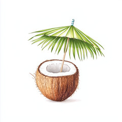 Fresh coconut with green umbrella, showcasing tropical vibes and summer fun. This watercolor captures essence of relaxation and refreshment