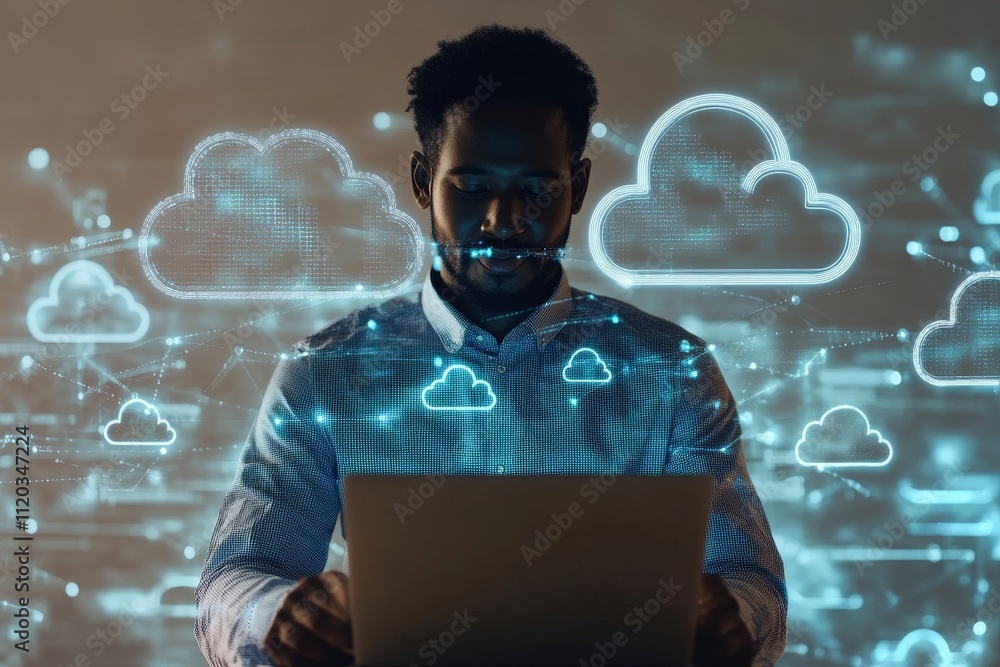 Poster cloud computing: man working on laptop with digital cloud network - technology, innovation, connecti