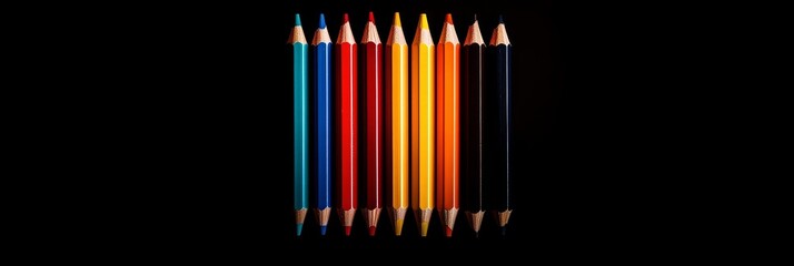 Fototapeta premium Colorful Pencils on Black Background - Stock Photo - Creativity, art, design, education, childhood. Vibrant colored pencils arranged neatly.