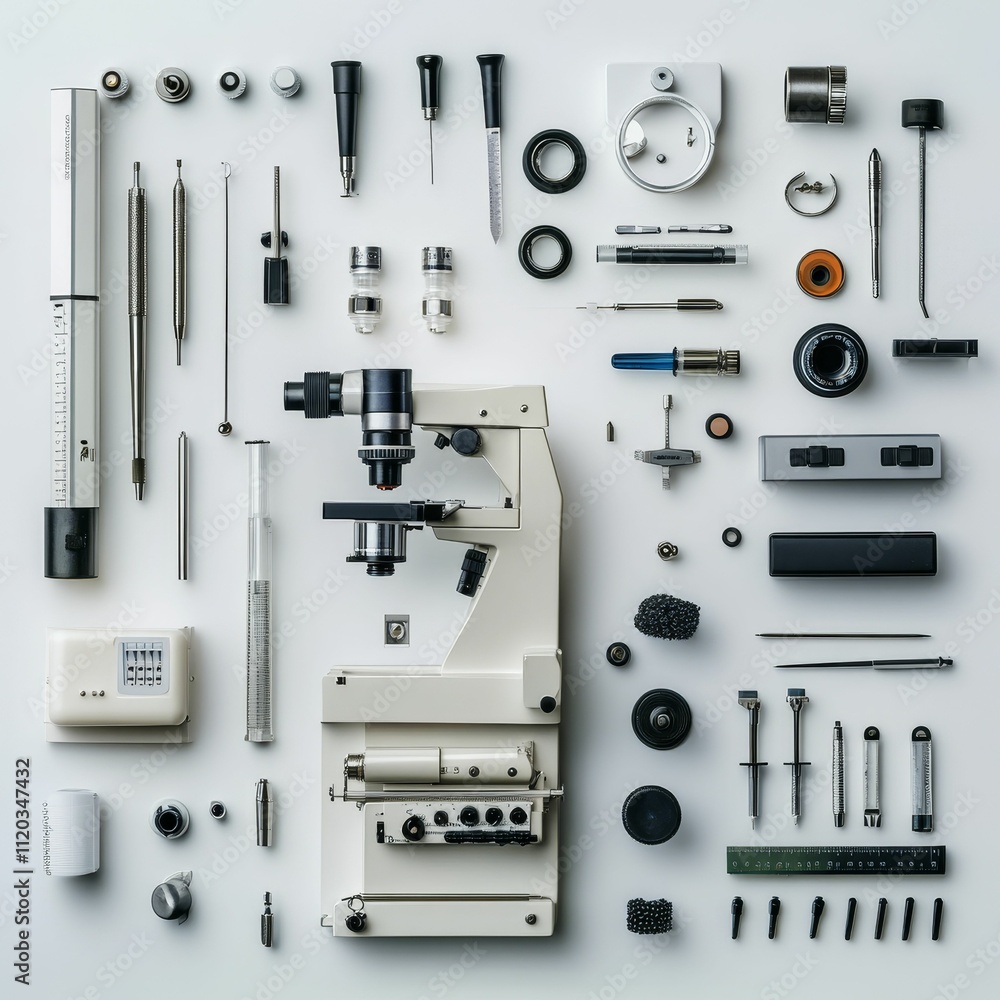 Poster microscope and various scientific instruments arranged neatly.
