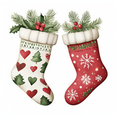 Festive s stockings decorated with hearts, trees, and snowflakes, surrounded by holly and pine. Perfect for holiday cheer and seasonal decor