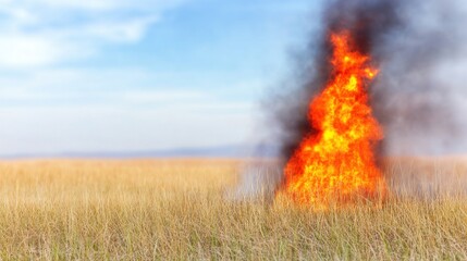 A fire burning in a grassy field under a blue sky.