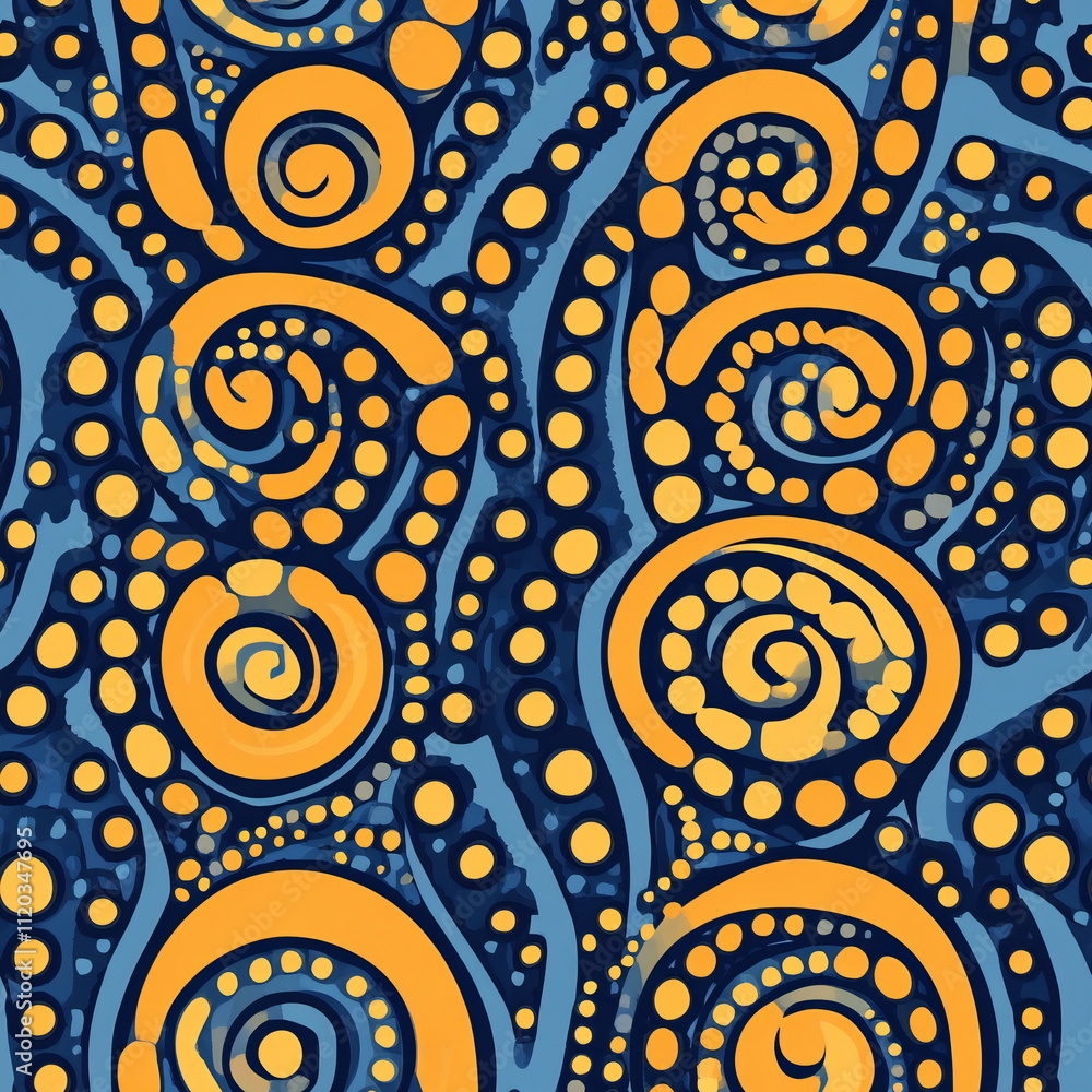 Poster colorful seamless pattern with intricate spiral designs and circular motifs on a deep blue backgroun
