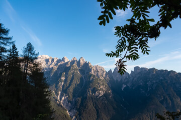 Silhouette of tree branches framing scenic view of majestic mountain peak Cima alta di Riobianco in...