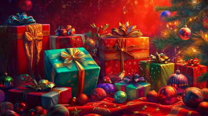 Elegant vertical Christmas scene featuring beautifully wrapped gifts and colorful ornaments on a vibrant red background creating a festive holiday atmosphere