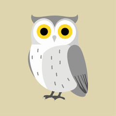 Flat vector illustration of a stylized snow owl with white body, yellow eyes, and gray accents, minimalistic design, cartoonish style, plain white background