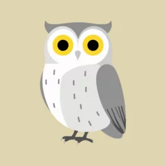 Fototapete Flat vector illustration of a stylized snow owl with white body, yellow eyes, and gray accents, minimalistic design, cartoonish style, plain white background © Jitesh