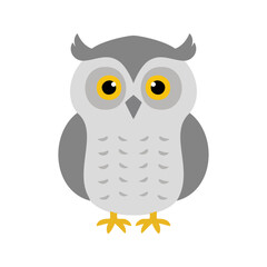 Flat vector illustration of a stylized snow owl with white body, yellow eyes, and gray accents, minimalistic design, cartoonish style, plain white background