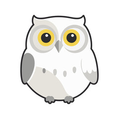 Flat vector illustration of a stylized snow owl with white body, yellow eyes, and gray accents, minimalistic design, cartoonish style, plain white background