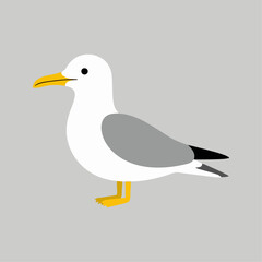 Flat vector illustration of a stylized seagull with white body, yellow beak, and gray wings, minimalistic design, cartoonish style, plain white background