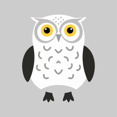 Flat vector illustration of a stylized snow owl with white body, yellow eyes, and gray accents, minimalistic design, cartoonish style, plain white background