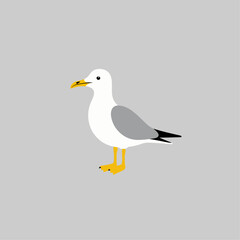 Flat vector illustration of a stylized seagull with white body, yellow beak, and gray wings, minimalistic design, cartoonish style, plain white background