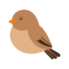 Flat vector illustration of a stylized nightingale with brown body, orange beak, and small wings, minimalistic design, cartoonish style, plain white background