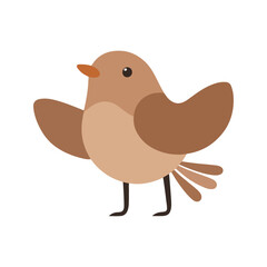 Flat vector illustration of a stylized nightingale with brown body, orange beak, and small wings, minimalistic design, cartoonish style, plain white background