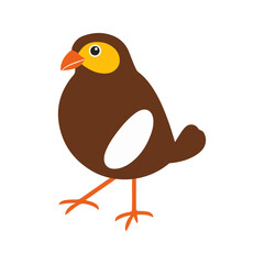 Flat vector illustration of a stylized myna bird with brown body, yellow eye patch, and orange beak, minimalistic design, cartoonish style, plain white background
