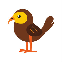Flat vector illustration of a stylized myna bird with brown body, yellow eye patch, and orange beak, minimalistic design, cartoonish style, plain white background