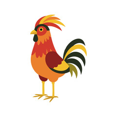 Flat vector illustration of a stylized jungle fowl with red-orange body, yellow beak, and long tail feathers, minimalistic design, plain white background