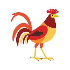 Flat vector illustration of a stylized jungle fowl with red-orange body, yellow beak, and long tail feathers, minimalistic design, plain white background