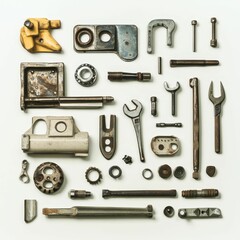 Rusty metal parts, tools, and fasteners arranged neatly.