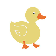 Flat vector illustration of a stylized duck with yellow body, orange beak, and small feet, minimalistic design, cartoonish style, plain white background