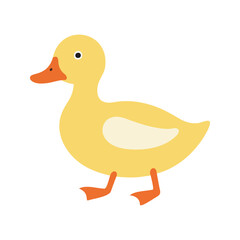 Flat vector illustration of a stylized duck with yellow body, orange beak, and small feet, minimalistic design, cartoonish style, plain white background