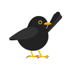 Flat vector illustration of a stylized common blackbird with black body, yellow-orange beak, and wide wings, minimalistic design, plain white background