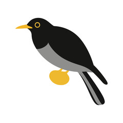 Flat vector illustration of a stylized common blackbird with black body, yellow-orange beak, and wide wings, minimalistic design, plain white background