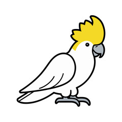 Flat vector illustration of a stylized cockatoo with white body, yellow crest, and light gray beak, minimalistic design, cartoonish style, plain white background