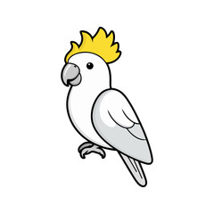 Flat vector illustration of a stylized cockatoo with white body, yellow crest, and light gray beak, minimalistic design, cartoonish style, plain white background