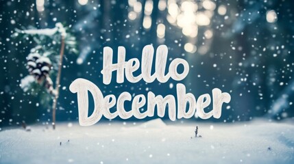 White letters "Hello December" on snowy winter forest background