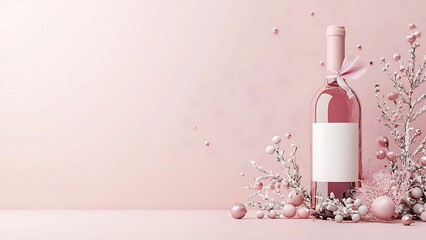 Pink Wine Bottle Mockup: A romantic and elegant pink wine bottle with a blank label, surrounded by delicate silver and pink Christmas decorations.