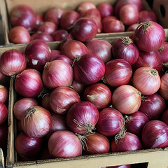 Vibrant red onions nestled in rustic wooden crate