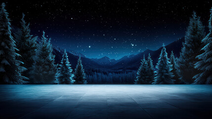 serene winter landscape featuring snow covered trees and mountains under starry night sky, creating magical atmosphere perfect for winter themed events