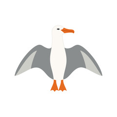 Flat vector illustration of a stylized albatross with white-gray body, orange beak, and wide wings, minimalistic design, cartoonish style, plain white background