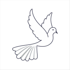 Flat vector illustration of a stylized white dove with flowing wings, small beak, and long tail, minimalistic design, plain white background