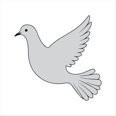 Flat vector illustration of a stylized white dove with flowing wings, small beak, and long tail, minimalistic design, plain white background