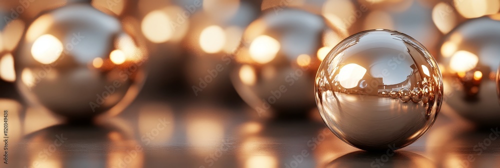 Poster gleaming metallic spheres: abstract background - abstract image of metallic spheres reflecting light