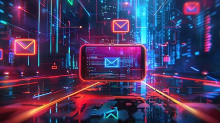Fototapeta premium Futuristic Cityscape with Smartphone Email Notification - Modern Communication Concept