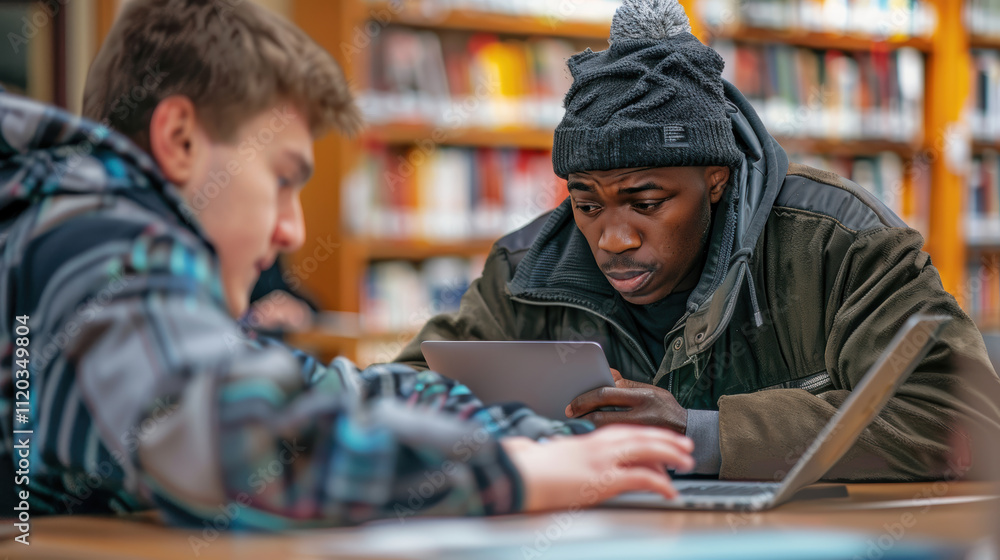 Aufkleber empowering learning: volunteer teaching computer skills at public library for community support