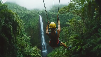Woman ziplining over lush rainforest and waterfall.