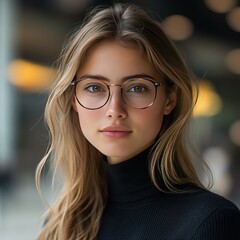 Fototapeta premium Portrait of a young woman in glasses urban setting photography natural light close-up view aesthetic expression